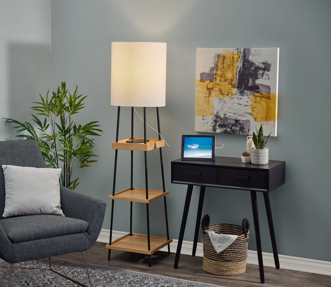 Henry AdessoCharge Shelf Floor Lamp- Natural Floor Lamps Black Finish w/ Natural wood Modern Chic Style image 2