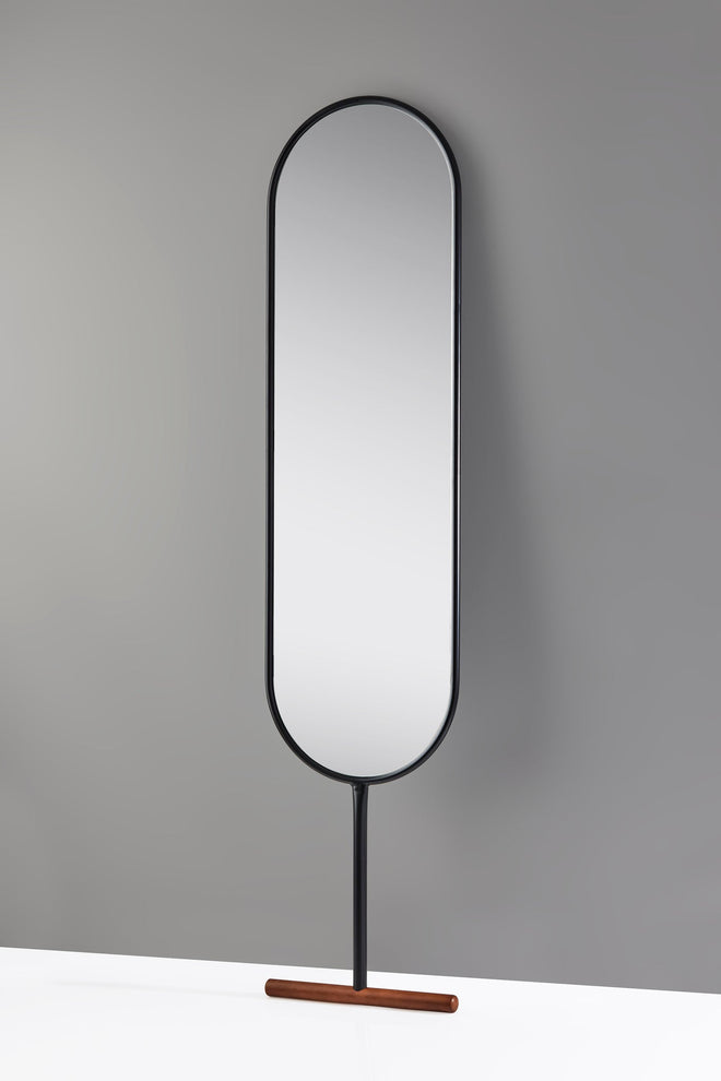 Willy Leaning Mirror Floor Mirror Black w. Walnut wood base Mid-century Modern Style image 2
